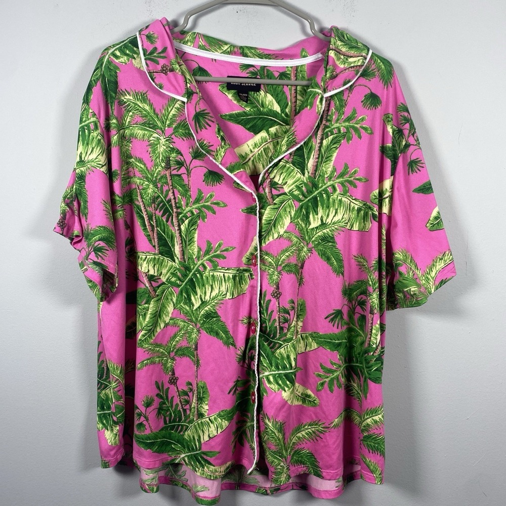 Room Service Pajama Top XXL Pink Palm Print Sleep Shirt Button Up Tropical PJ